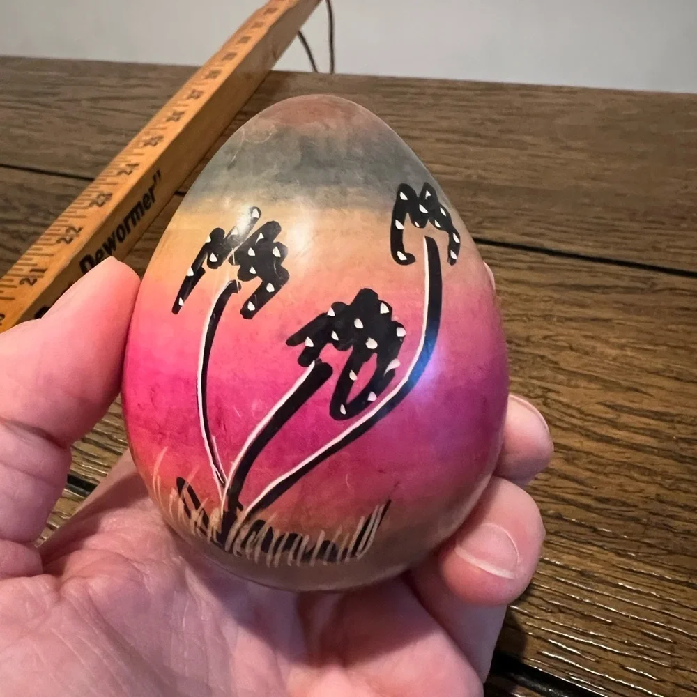 Hand Painted Soapstone Egg African Wildlife Mural Scene Zebra Trees